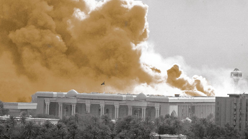 Smoke billows from an explosion in Iraqi President Saddam Hussein’s guest palace after it is bombed during a US-led coalition air raid on March 31, 2003. AFP