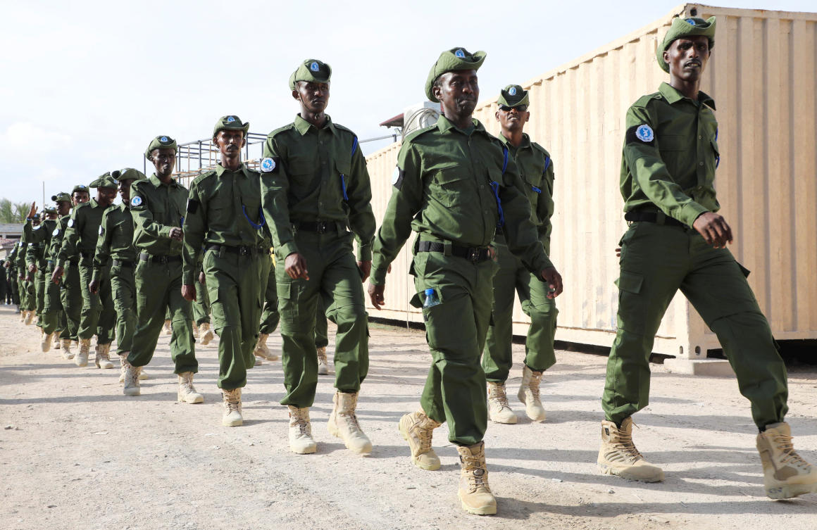 Somali special police forces march, after being trained and equipped by the European Union to enhance safety and strengthen the fight against threat posed by Al-Shabab militants, at the Halane Training Facility in Mogadishu on April 14, 2025. (Reuters)