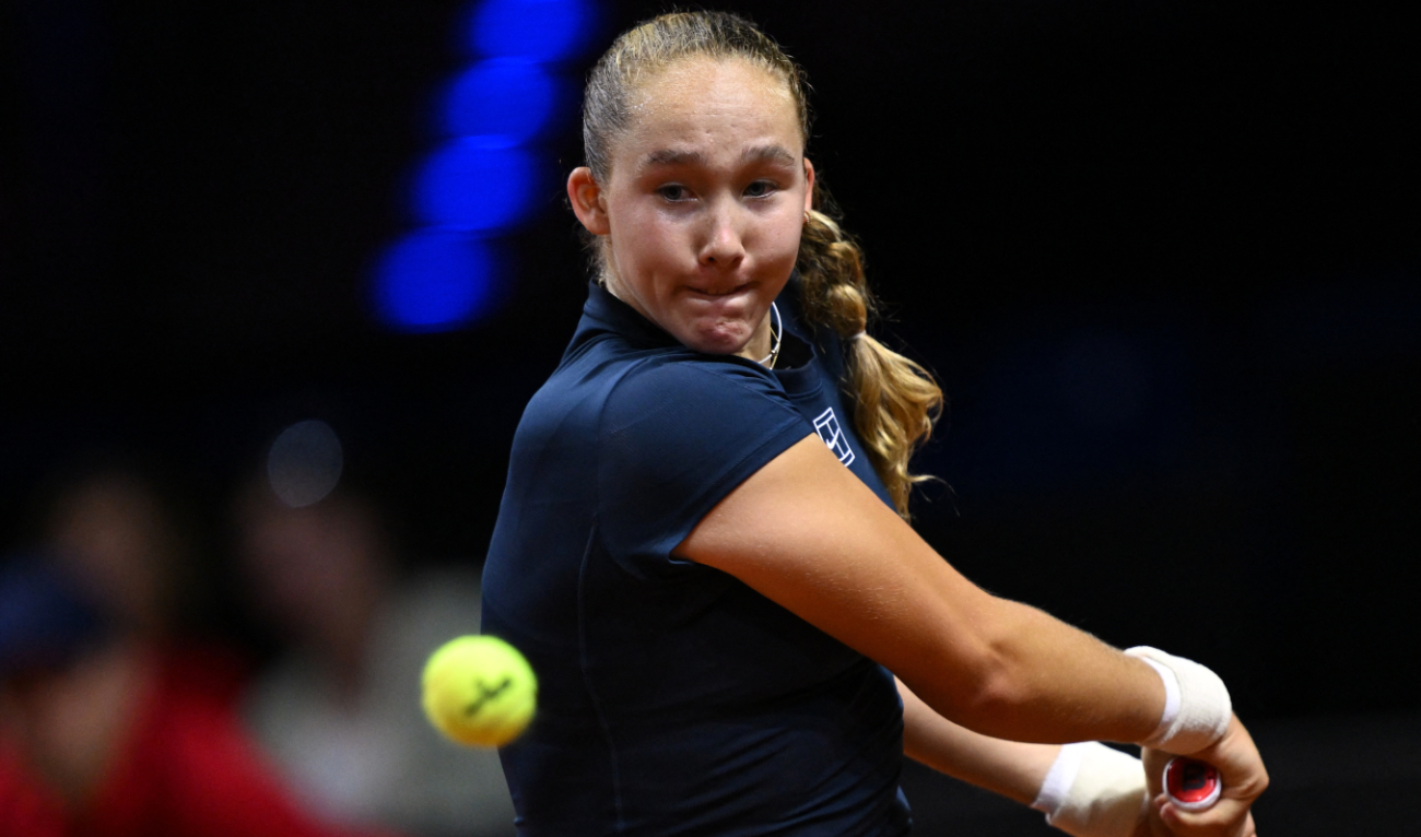 Russia's Mirra Andreeva in action during her round of 32 match against sister Erika Andreeva at the Stuttgart Open Wednesday. (Reuters)