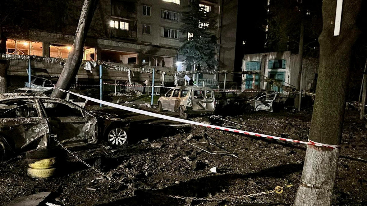 The wreckage of cars sit at the site of a Russian mass drone attack at a location given as Dnipro, Ukraine, in this handout photo released April 17, 2025. (Reuters)