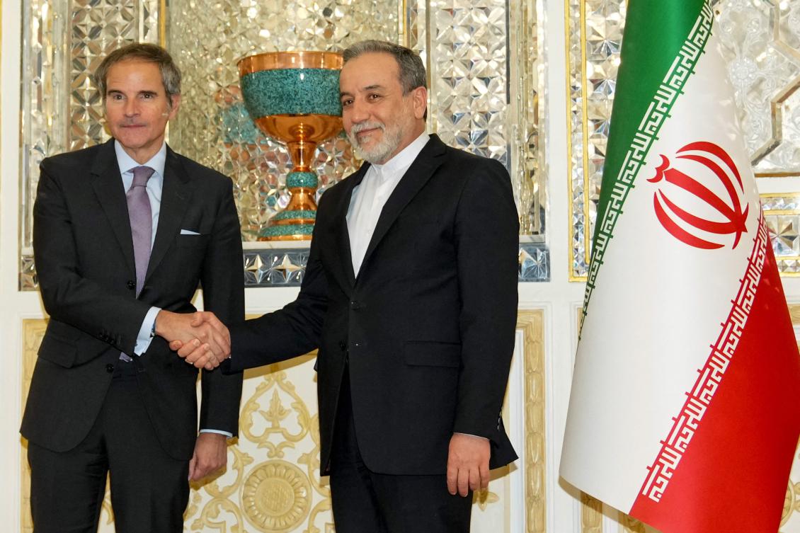 International Atomic Energy Agency chief Rafael Grossi, left, is received by Iran’s Foreign Minister Abbas Araghchi in Tehran on April 16, 2025. (Iranian Foreign Ministry/AFP)