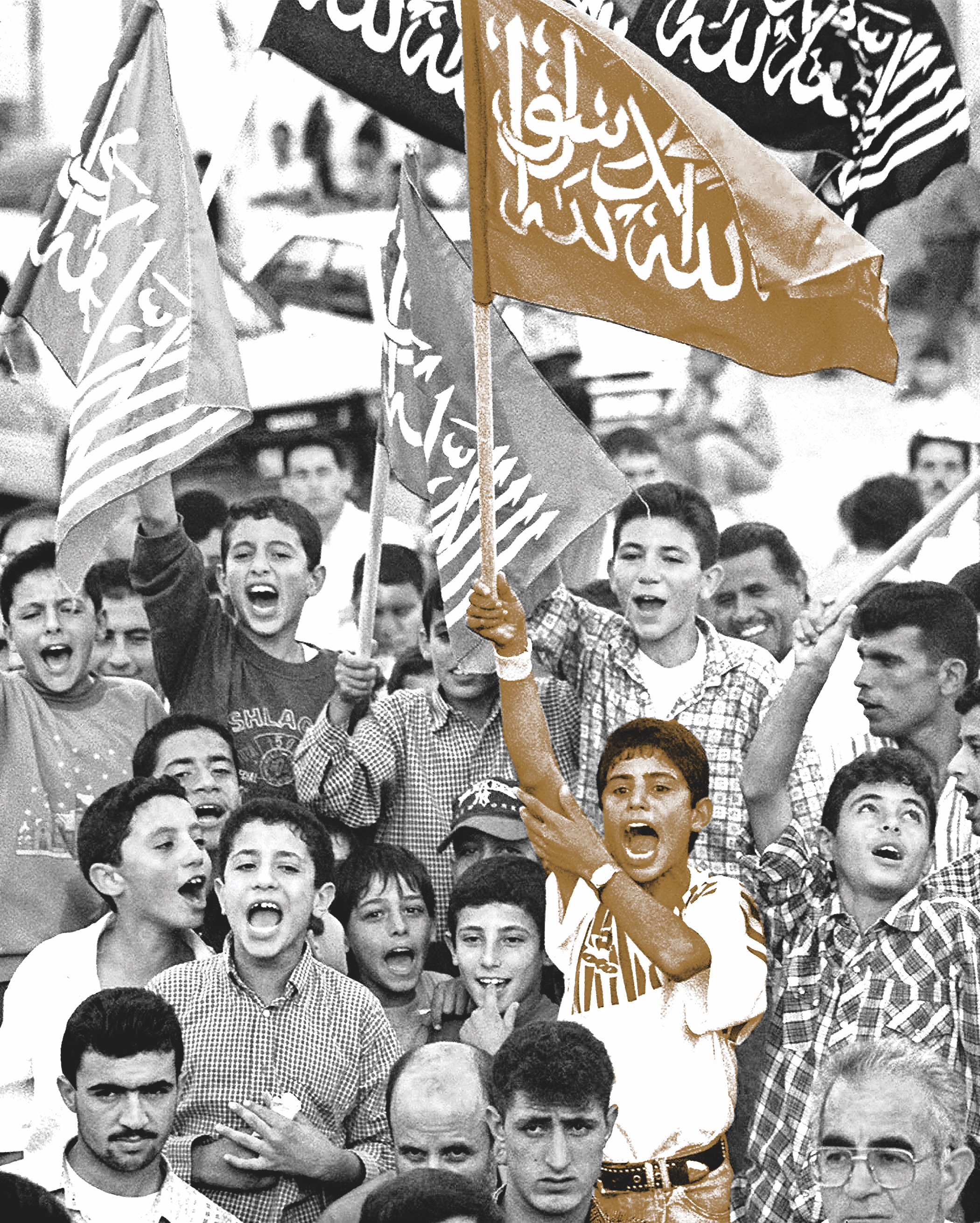 Palestinian boys wave Hamas flags and chant anti-Israel and US slogans during rally in Gaza against Wye River accord. AFP