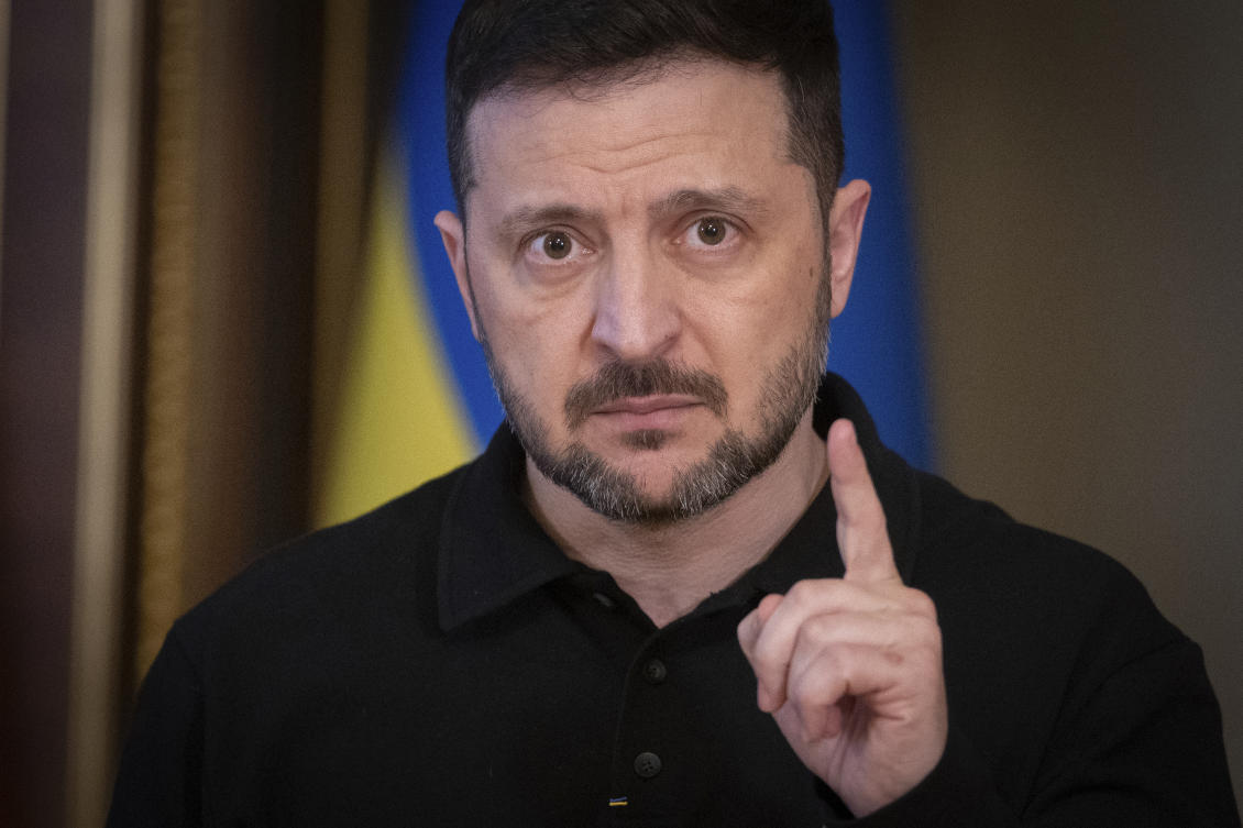 Ukrainian President Volodymyr Zelenskyy speaks during a briefing in Kyiv, Apr. 17, 2025. (AP)