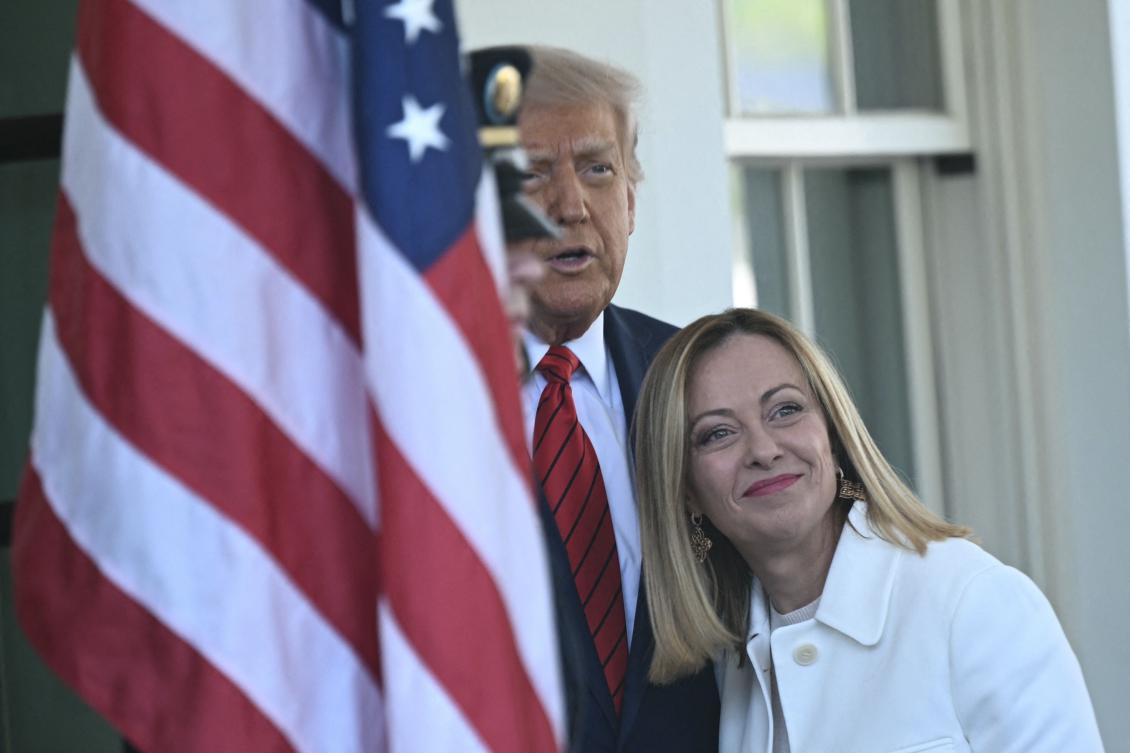 US President Donald Trump greets Italian Prime Minister Giorgia Meloni at the West Wing entrance to the White House in Washington, on Apr. 17, 2025. (AFP)