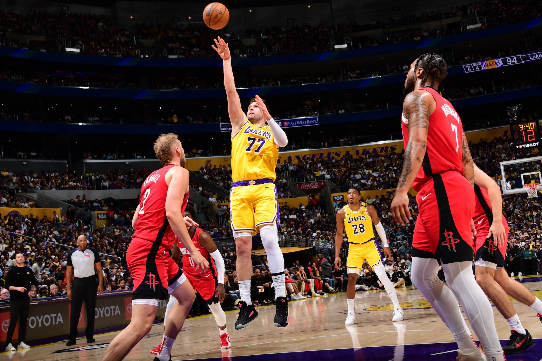 Luka Doncic of the Los Angeles Lakers shoots the ball during the game against the Houston Rockets on April 11, 2025 at Crypto.Com Arena in Los Angeles, California. (Reuters)