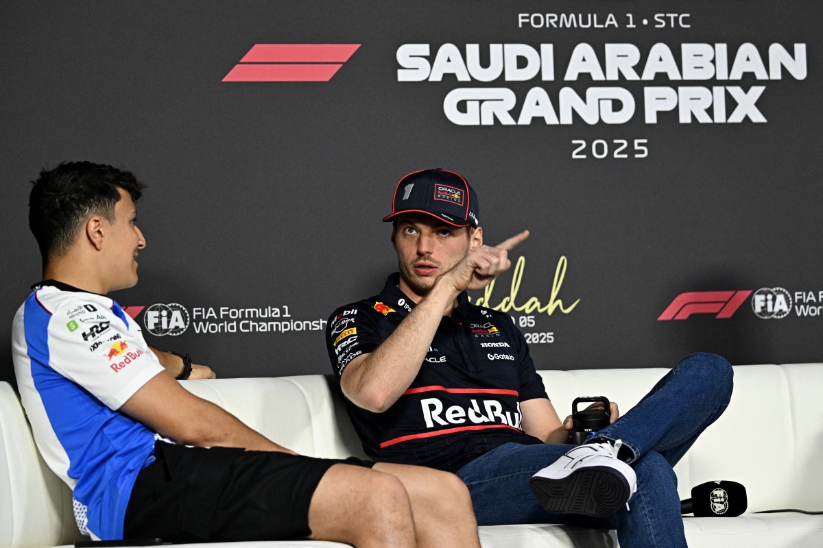 RB's French-Algerian driver Isack Hadjar (L) and Red Bull Racing's Dutch driver Max Verstappen attend a press conference ahead of the 2023 Saudi Arabia Formula One Grand Prix at the Jeddah Corniche Circuit on April 17, 2025 (AFP)