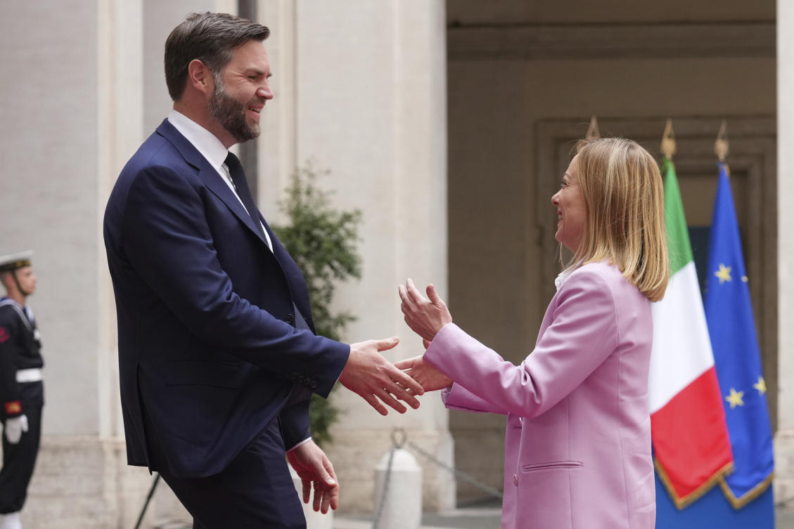 US Vice President JD Vance is welcomed by Italian Premier Giorgia Meloni as he arrives for talks at Palazzo Chigi government office in Rome, Apr. 18, 2025. (AP)