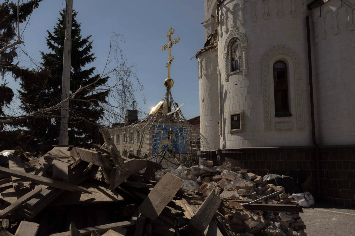 A dome lies next to a church heavily damaged by Russian shelling in Kostyantynivka, in Ukraine's eastern region of Donetsk, on April 18, 2025. (AFP)