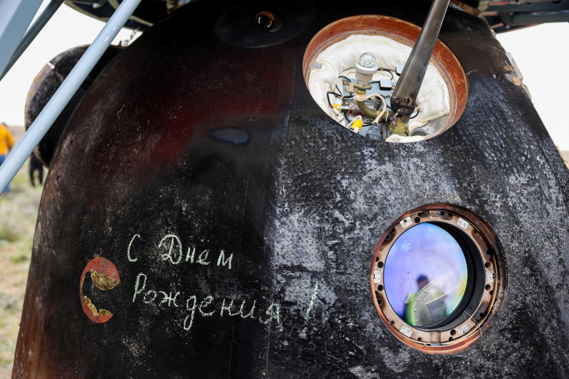 The message “Happy Birthday!” is written on the landed Soyuz MS-26 space capsule in celebration of the birthday of NASA astronaut Don Pettit, in a remote area near Zhezkazgan. Cake, gifts and a low-key family celebration may be how many senior citizens picture their 70th birthday. (REUTERS)