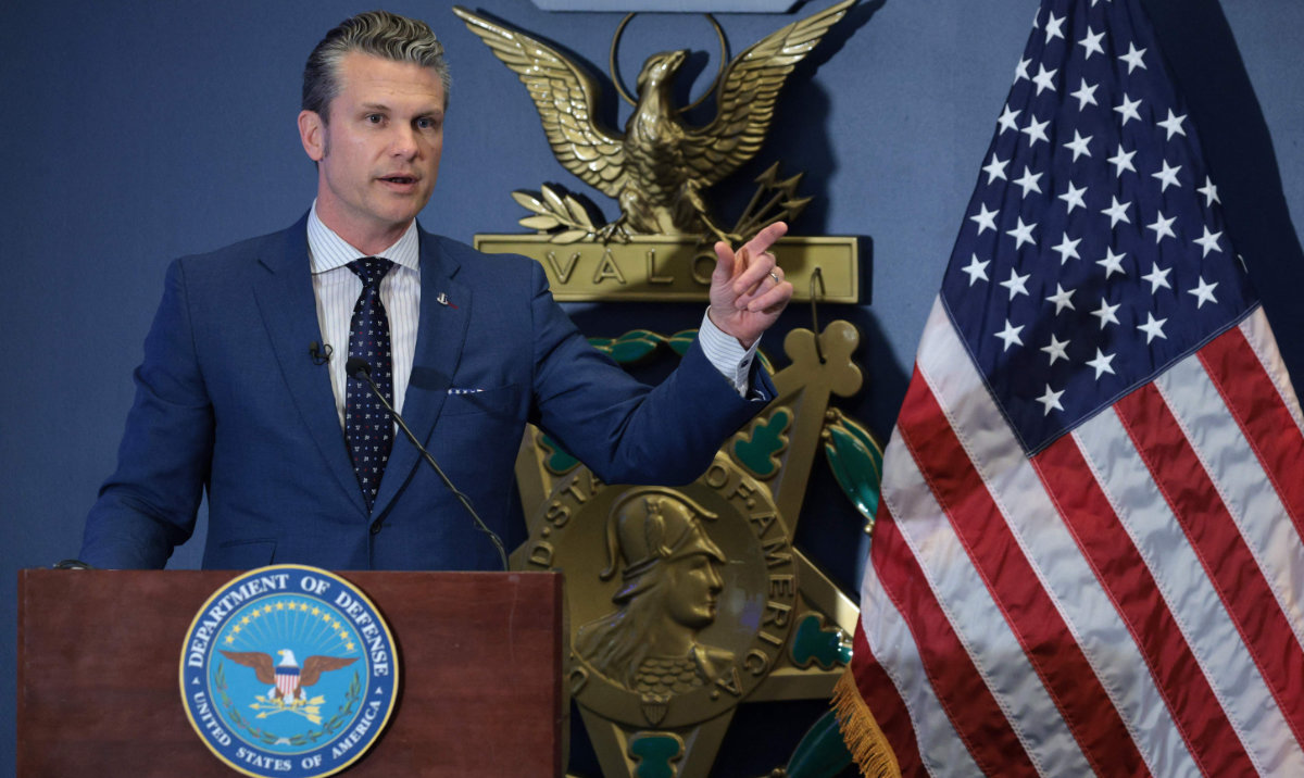 US Secretary of Defense Pete Hegseth speaks during a reenlistment ceremony for Congressional Medal of Honor recipient Sgt. Dakota Meyer at the Pentagon on April 17, 2025 in Arlington, Virginia. (AFP)