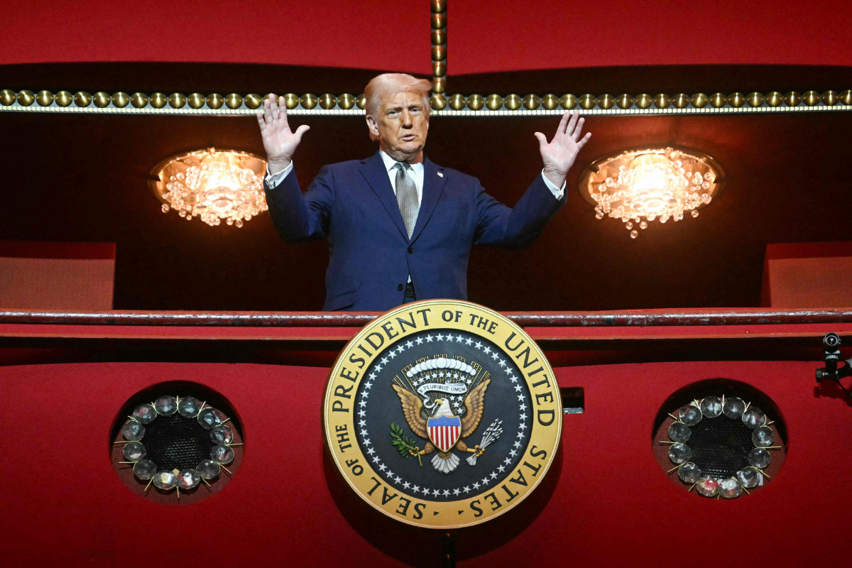 US President Donald Trump stands in the presidential box as he tours the John F. Kennedy Center for the Performing Arts in Washington on March 17, 2025. (AFP)