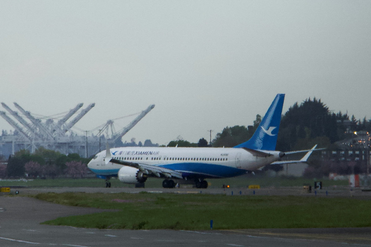 A Boeing 737 MAX plane, intended for China's Xiamen Airlines, arrives at King County International Airport in Seattle, Washington, on April 19, 2025, after returning from China due to ongoing tariff disputes. (REUTERS)