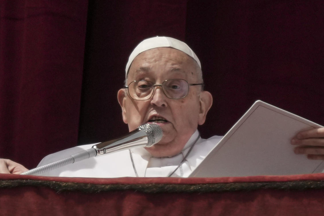 Pope Francis appears on the central lodge of St. Peter’s Basilica to bestow the Urbi et Orbi blessing at the end of the Easter mass presided over by Cardinal Angelo Comastri in St. Peter’s Square at the Vatican on April 20, 2025. (AP)