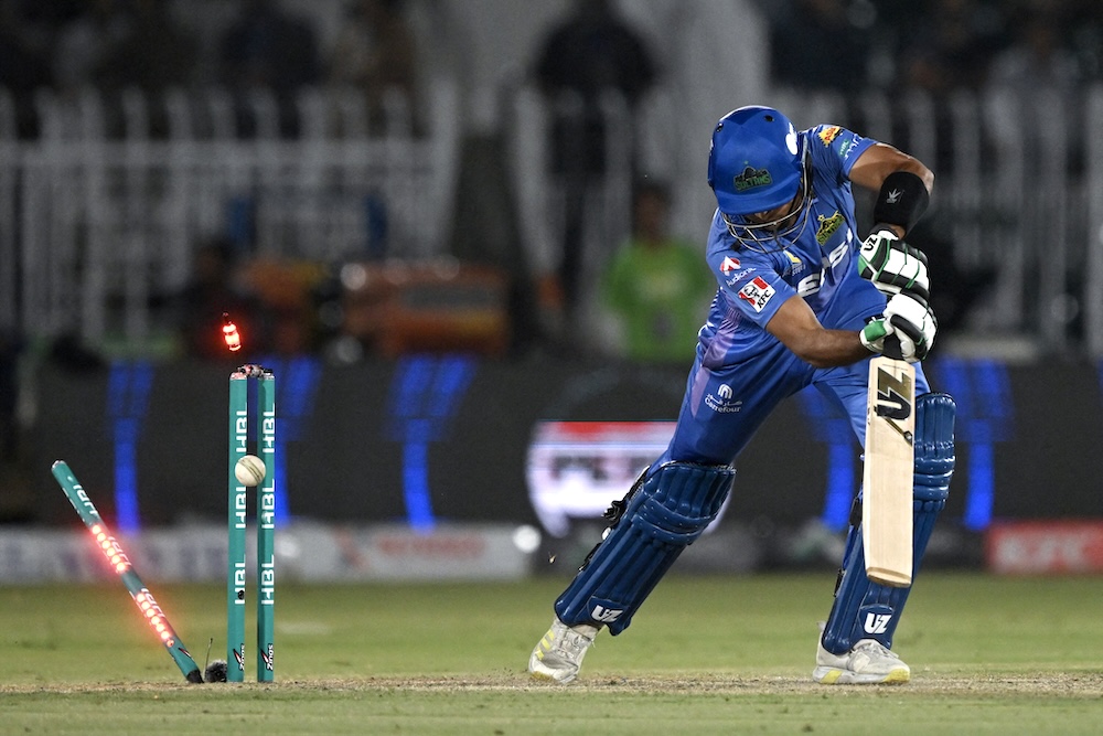 Multan Sultans’ Mohammad Hasnain is clean bowled during the Pakistan Super League Twenty20 cricket match between Islamabad United and Multan Sultans in Rawalpindi on April 16, 2025. (AFP)