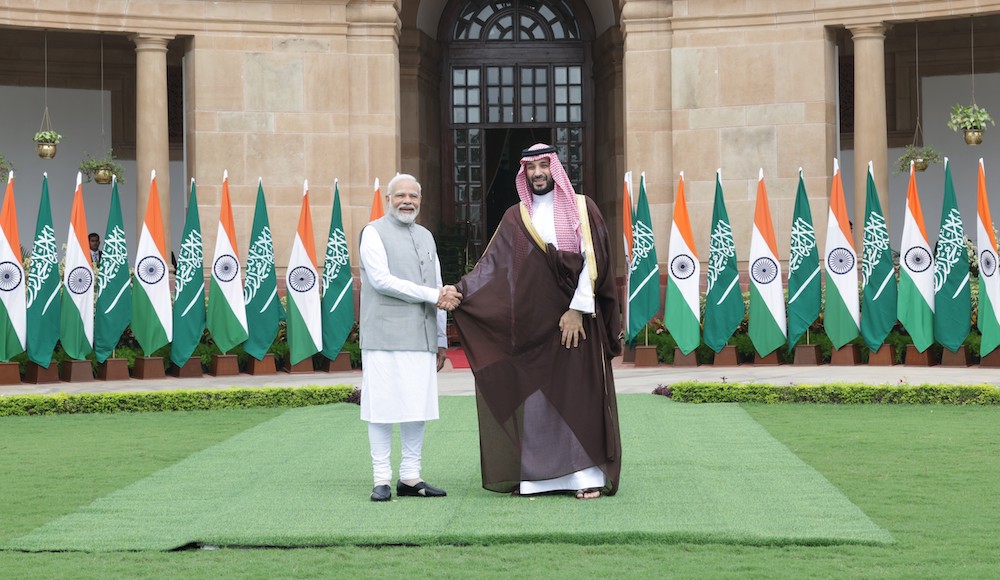 Indian Prime Minister Narendra Modi greets Saudi Prime Minister and Crown Prince Mohammed bin Salman in New Delhi in September 2023. (Supplied)
