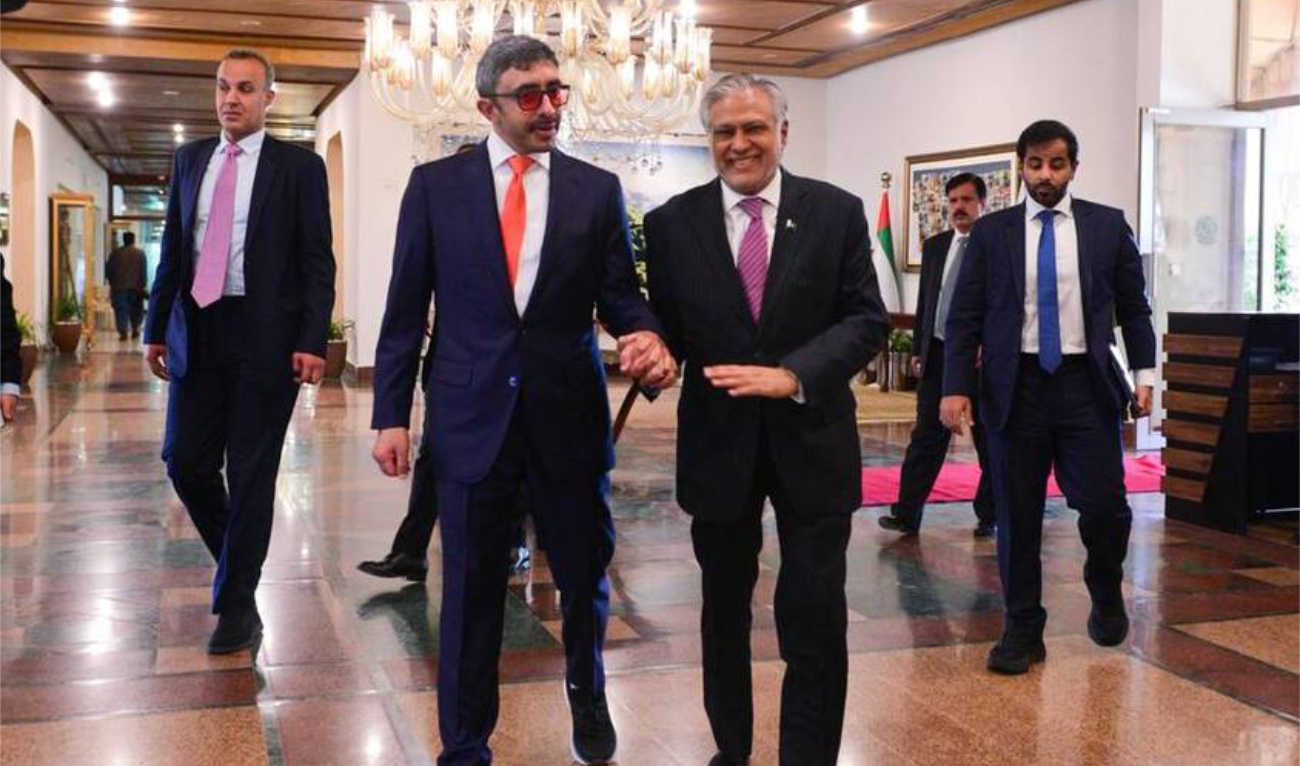 Pakistan’s Foreign Minister and Deputy Prime Minister Ishaq Dar, right, receives his UAE counterpart, Sheikh Abdullah bin Zayed Al-Nahyan, in Islamabad on Monday. (Supplied)