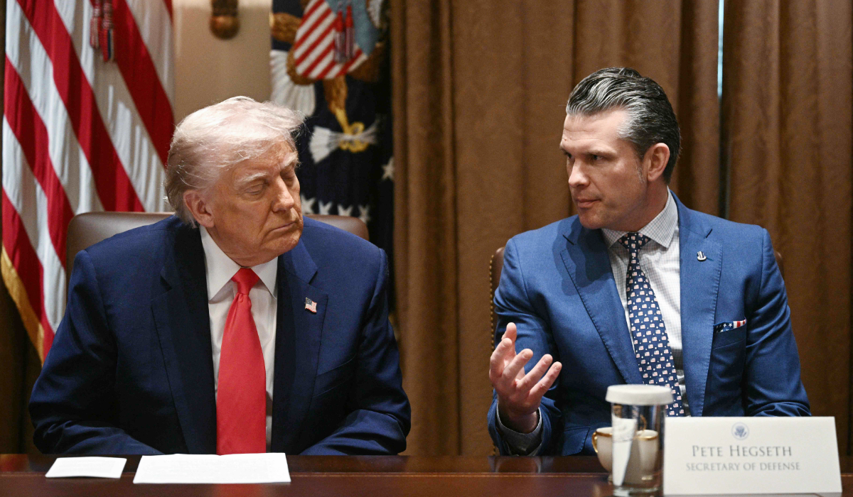 (L-R) US President Donald Trump looks on as Secretary of Defense Pete Hegseth speaks during a cabinet meeting in the Cabinet Room of the White House on April 10, 2025, in Washington, DC. (AFP)