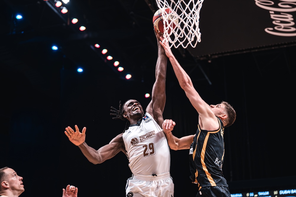 Action from Dubai Basketball’s 87-82 win over KK Split of Croatia. (Supplied)