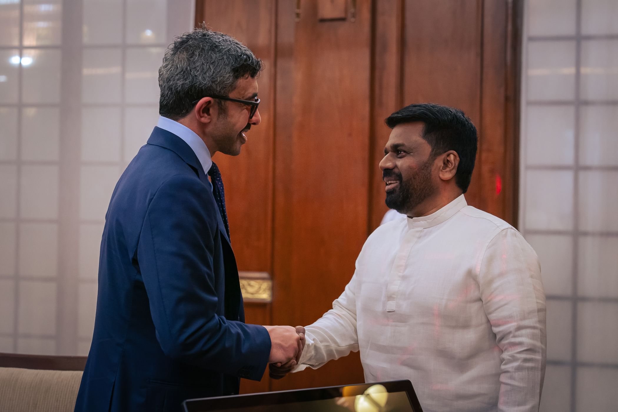 Sheikh Abdullah bin Zayed Al-Nahyan, the UAE minister of foreign affairs, and Sri Lanka’s President Anura Kumara Dissanayake in Colombo. (WAM)