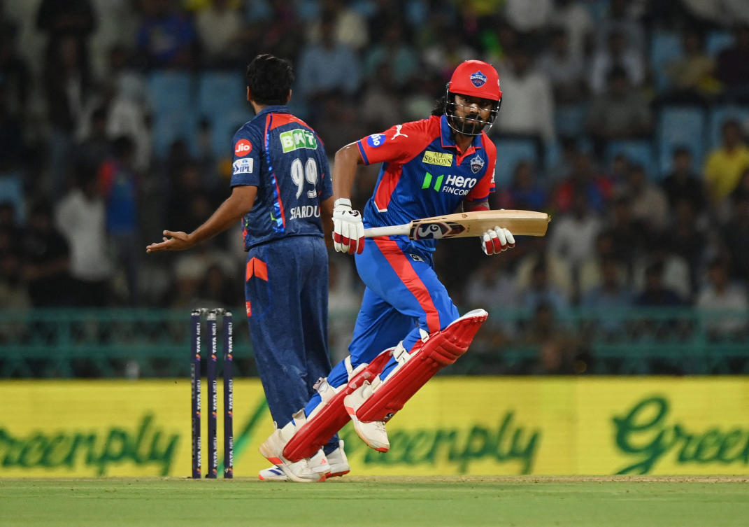 Delhi Capitals’ KL Rahul in action against Lucknow Super Giants in the IPL match at Bharat Ratna Shri Atal Bihari Vajpayee Ekana Cricket Stadium, Lucknow, India, Apr. 22, 2025. (Reuters)