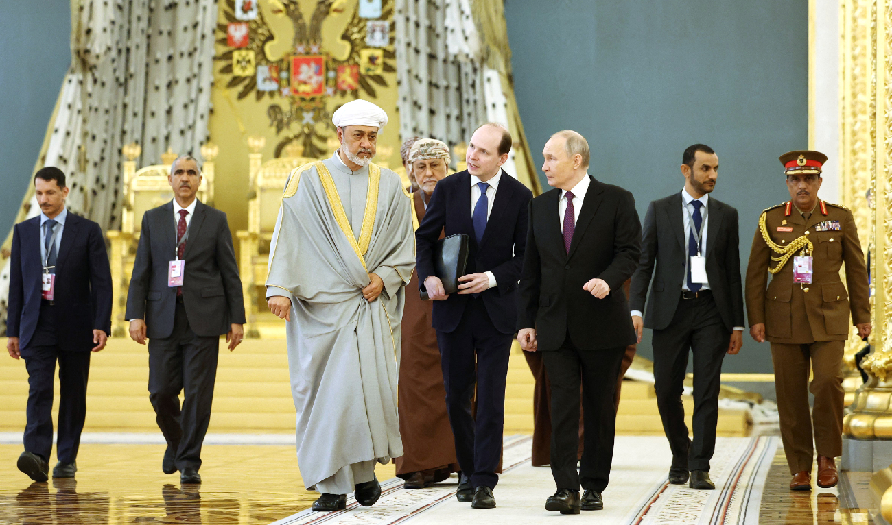 Russia’s President Vladimir Putin receives Oman’s Sultan Haitham bin Tariq at the Kremlin in Moscow on Tuesday. (AFP)