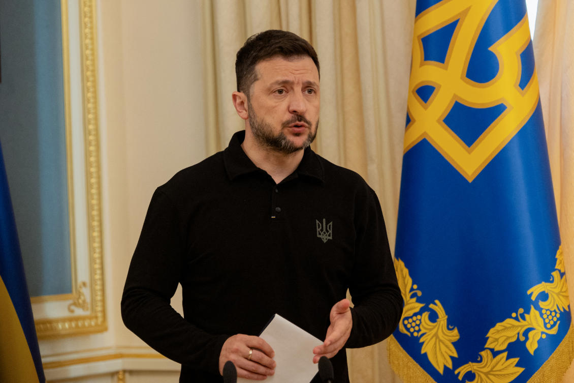 Volodymyr Zelensky delivers a press conference in Kyiv amid the Russian invasion of Ukraine. (AFP)