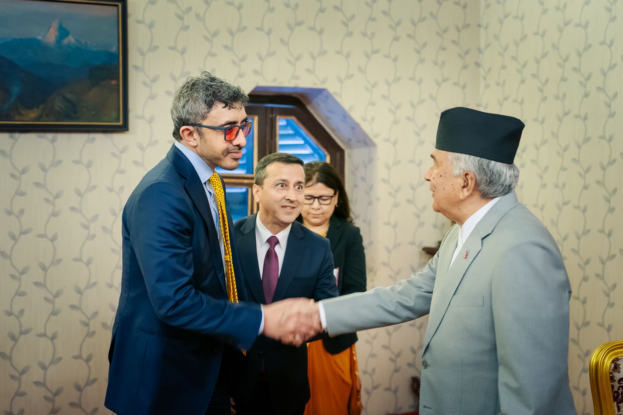 Sheikh Abdullah bin Zayed Al-Nahyan, the UAE’s foreign minister, and the Nepalese President Ram Chandra Paudel in Kathmandu. (WAM)