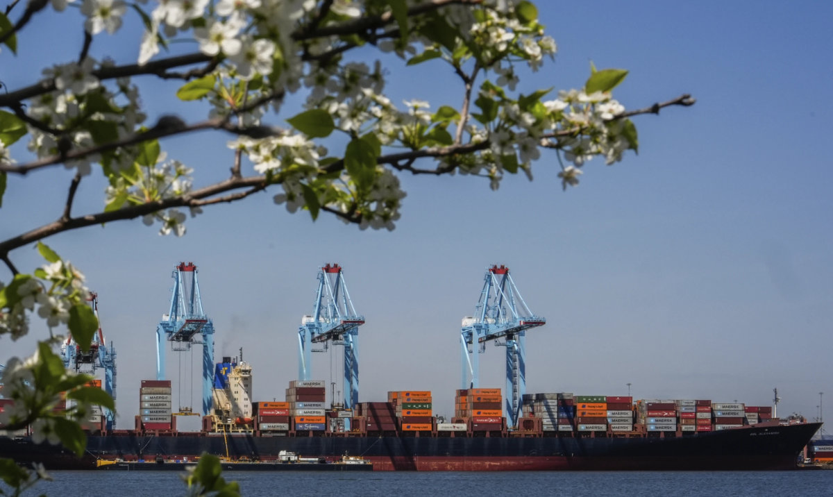 Shipping containers sit on the container ship Alexandra at the Port Newark Container Terminal, April 18, 2025, in Newark, New Jersey. (AP)