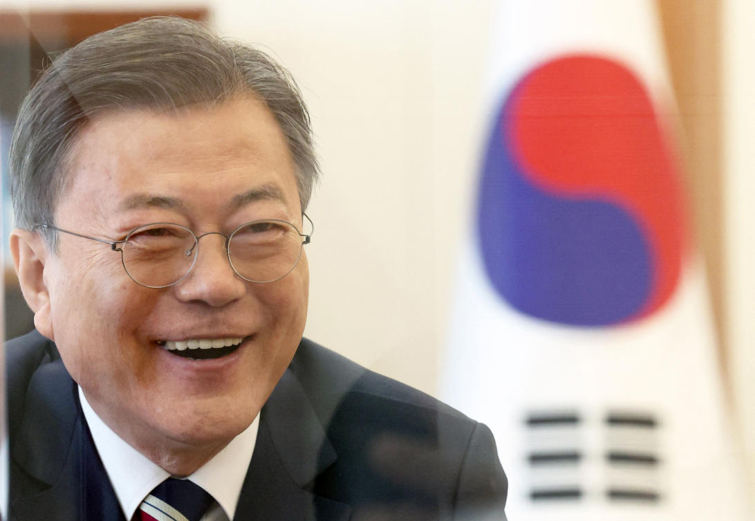 Former South Korean president Moon Jae-in speaking during an interview with foreign news agencies. (AFP)
