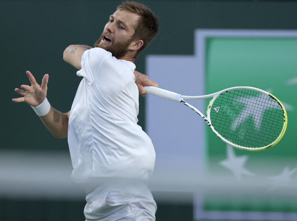 Corentin Moutet reacts to his forehand in his match against Holger Rune of Denmark at Indian Wells Tennis Garden. (AFP)