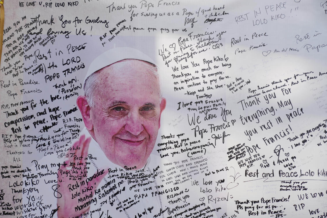 A message board for the late Pope Francis is covered with writings from Catholic devotees outside St. Peter Parish in Quezon city, Philippines, Thursday, April 24, 2025. (AP)