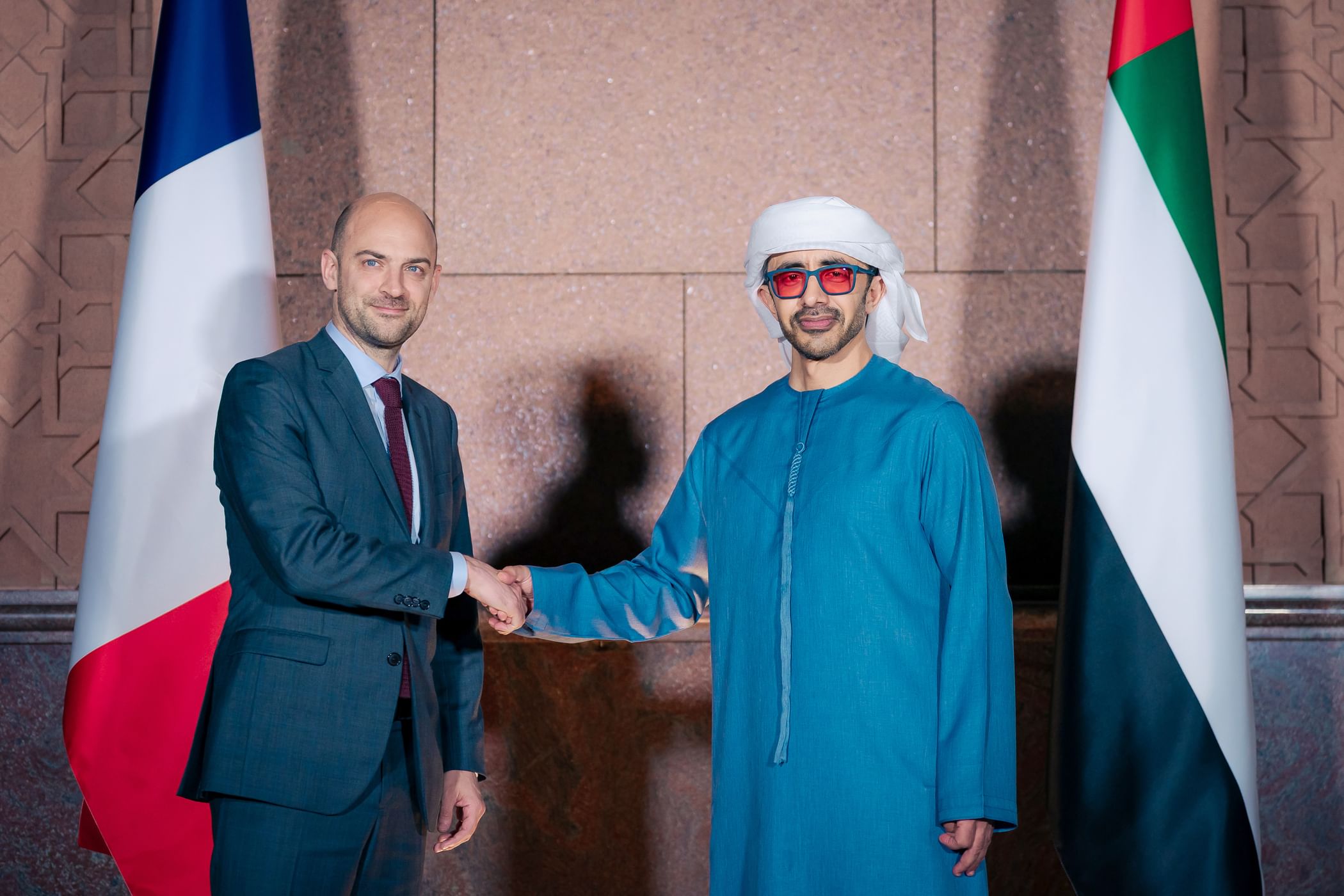 UAE Minister of Foreign Affairs Sheikh Abdullah bin Zayed Al-Nahyan and his French counterpart, Jean-Noel Barrot, in Abu Dhabi on Thursday. (WAM)