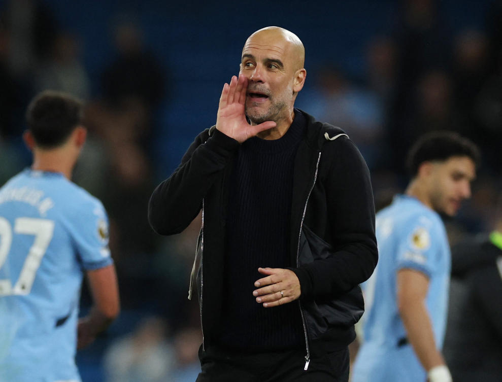 Manchester City manager Pep Guardiola celebrates after their Premier League match against Aston Villa — Etihad Stadium, Manchester, Apr. 22, 2025. (Reuters)