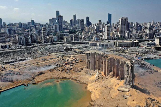 An aerial view shows the massive damage at Beirut port’s grain silos and the area around it on August 5, 2020. (AFP/File Photo)