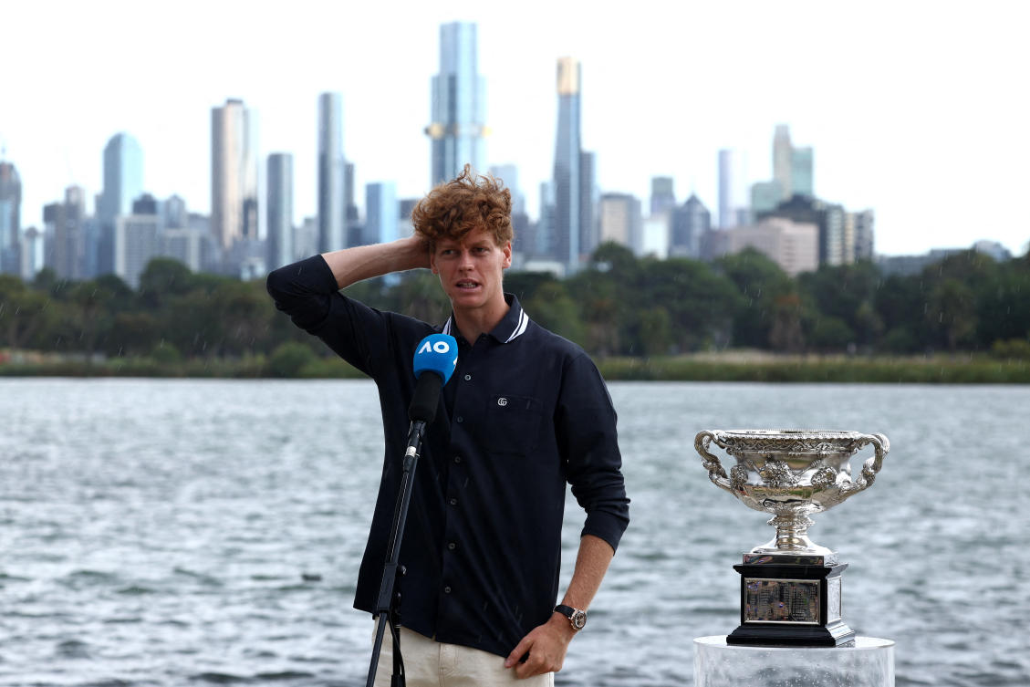 Sinner speaks at a media event with the Norman Brookes Challenge Cup trophy following his victory against Germany's Alexander Zverev. (File/AFP)