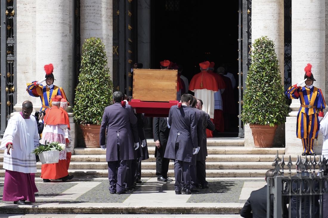 The coffin of late Pope Francis is carried by pallbearers into Santa Maria Maggiore Basilica in Rome. (File/AFP)