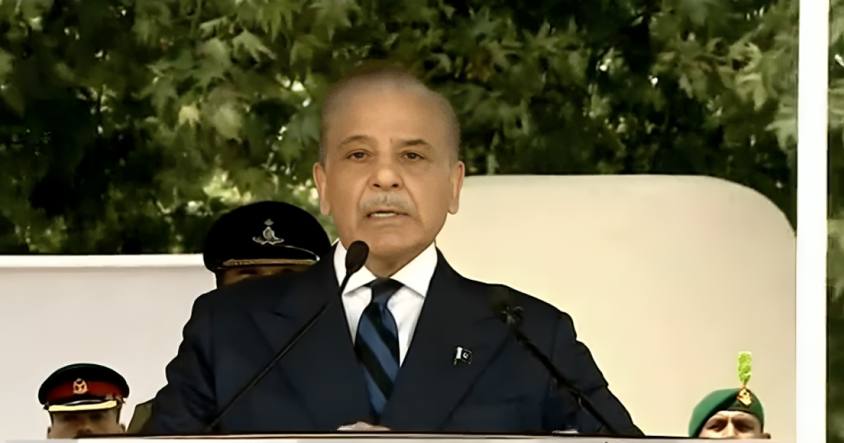 Pakistan Prime Minister Shehbaz Sharif speaks during a passing-out parade at the Pakistan Military Academy in Abbottabad, Khyber Pakhtunkhwa, on April 26, 2025. (Screenshot)