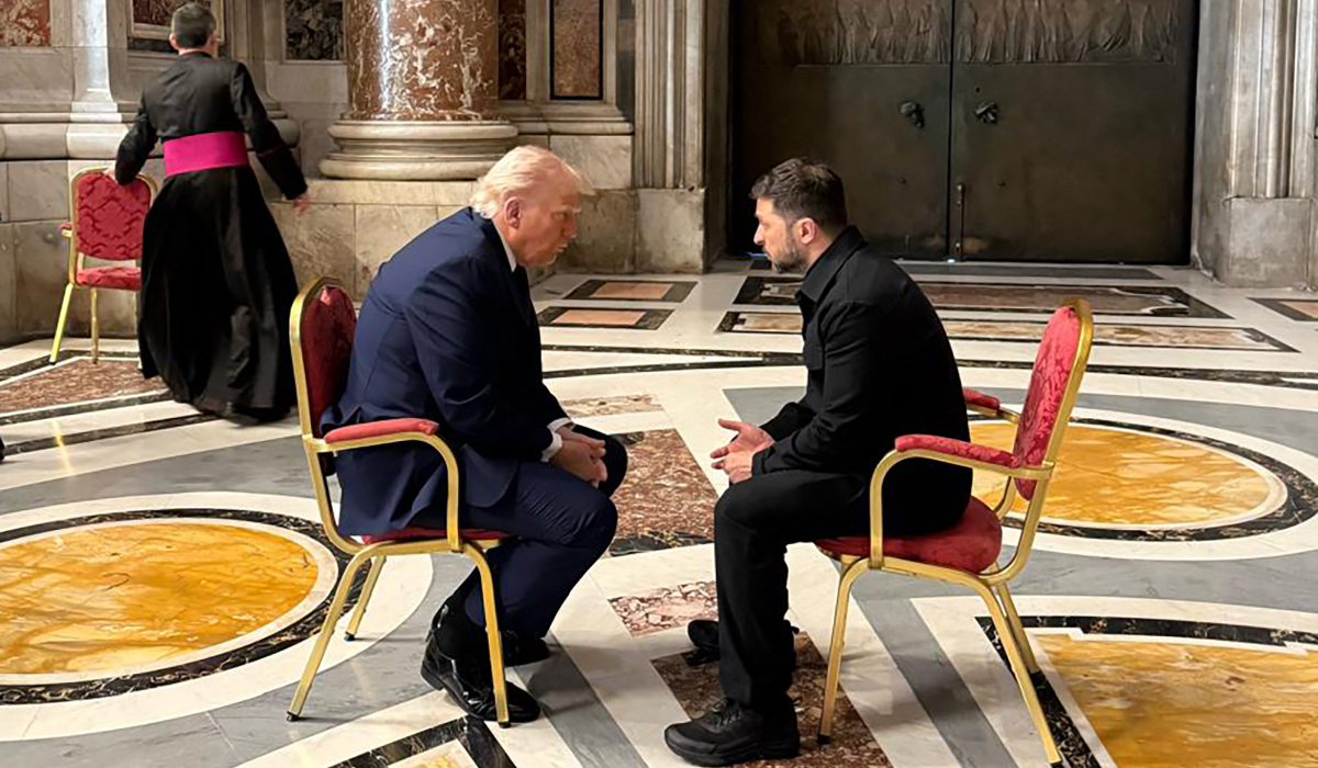 In this handout photograph taken and released by the Ukrainian Presidential Press Service in Kyiv on April 26, 2025, Ukraine's President Volodymyr Zelensky (R) meets with US President Donald Trump (L) on the sidelines of Pope Francis's funeral at St. Peter's Basilica at the Vatican. (AFP)