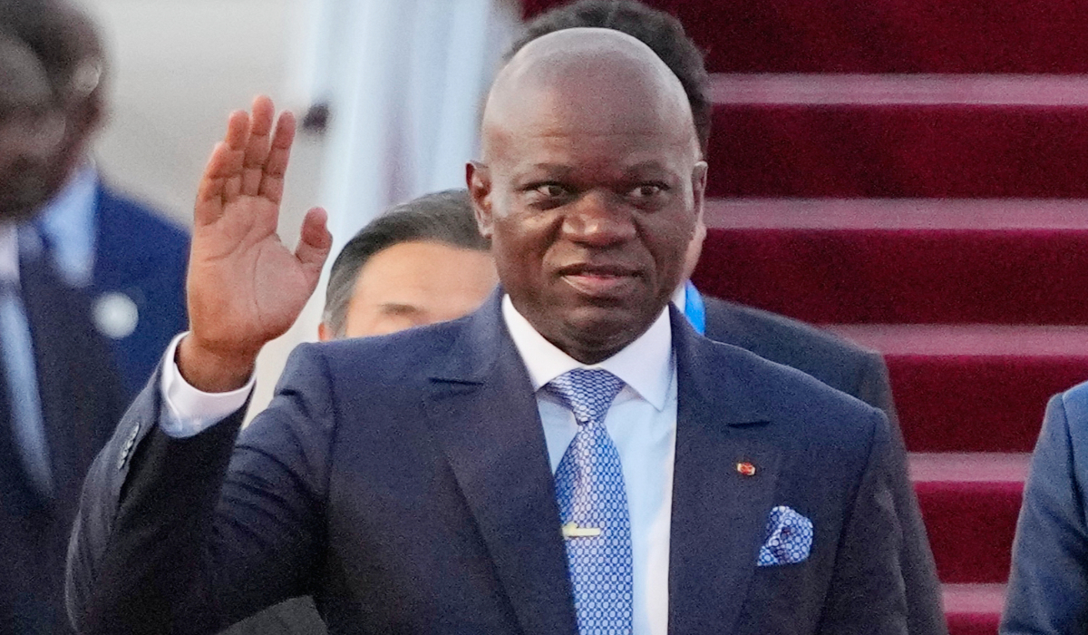 Gabon's President Brice Clotaire Oligui Nguema arrives at Beijing Capital International Airport in Beijing, China, Sunday, Sept. 1, 2024, ahead of the Summit of the Forum on China-Africa Cooperation (FOCAC). (AP)