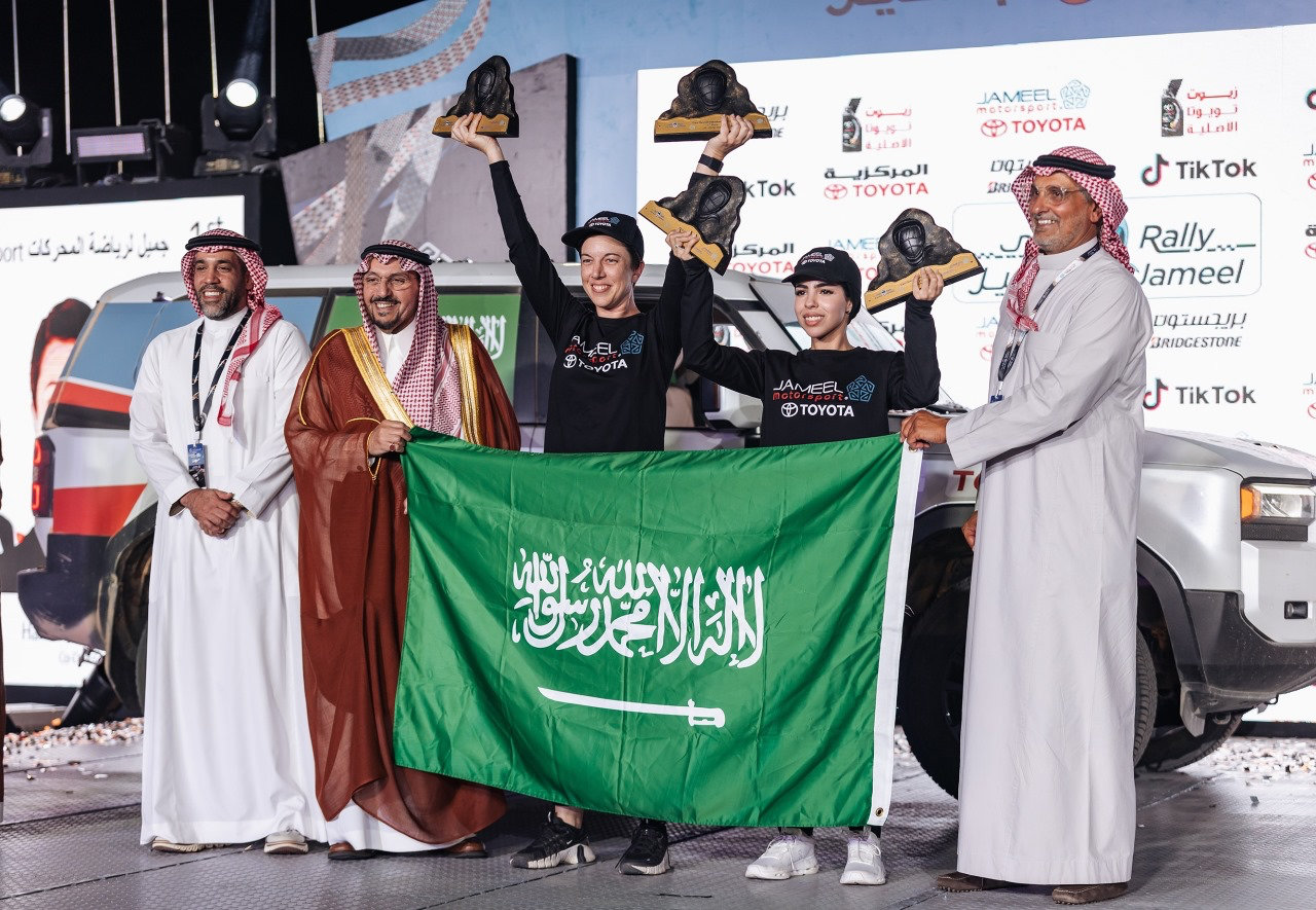Reem Al-Aboud and co-driver Hanna Riehle of Jameel Motorsport are crowned winners of Rally Jameel 2025 in Qassim. (Supplied)