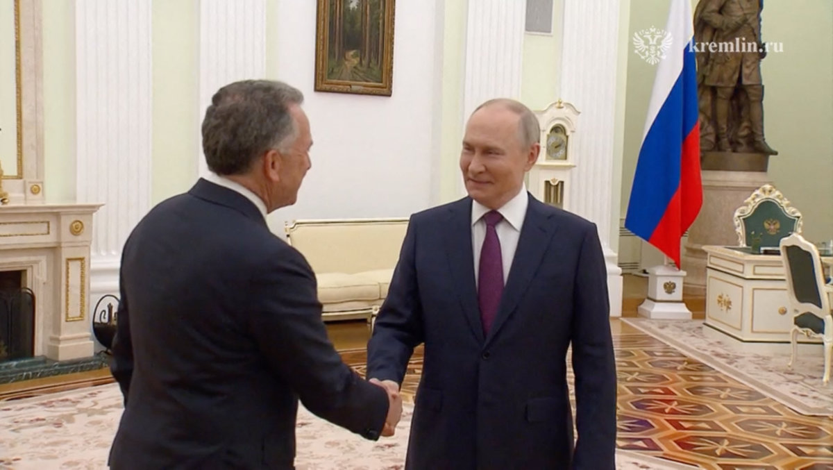 Russian President Vladimir Putin attends a meeting with US President Donald Trump's envoy Steve Witkoff in Moscow, Russia, April 25, 2025, in this still image taken from video. (Kremlin.ru/Handout via REUTERS)