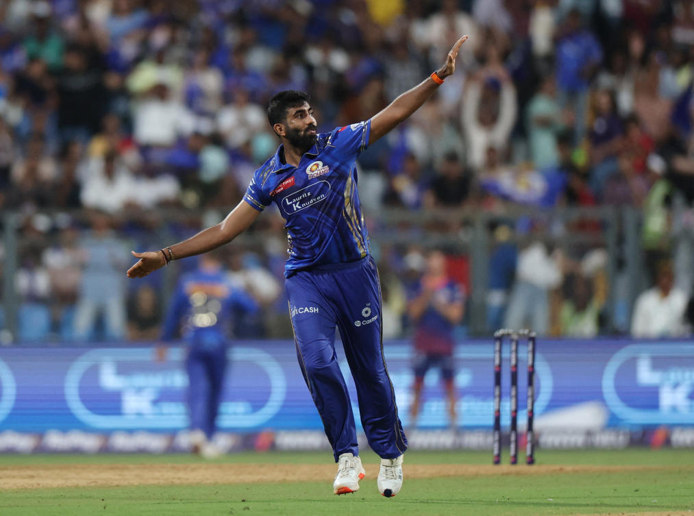 Mumbai Indians’ Jasprit Bumrah celebrates after taking the wicket of Lucknow Super Giants’ Abdul Samad in the IPL. (Reuters)