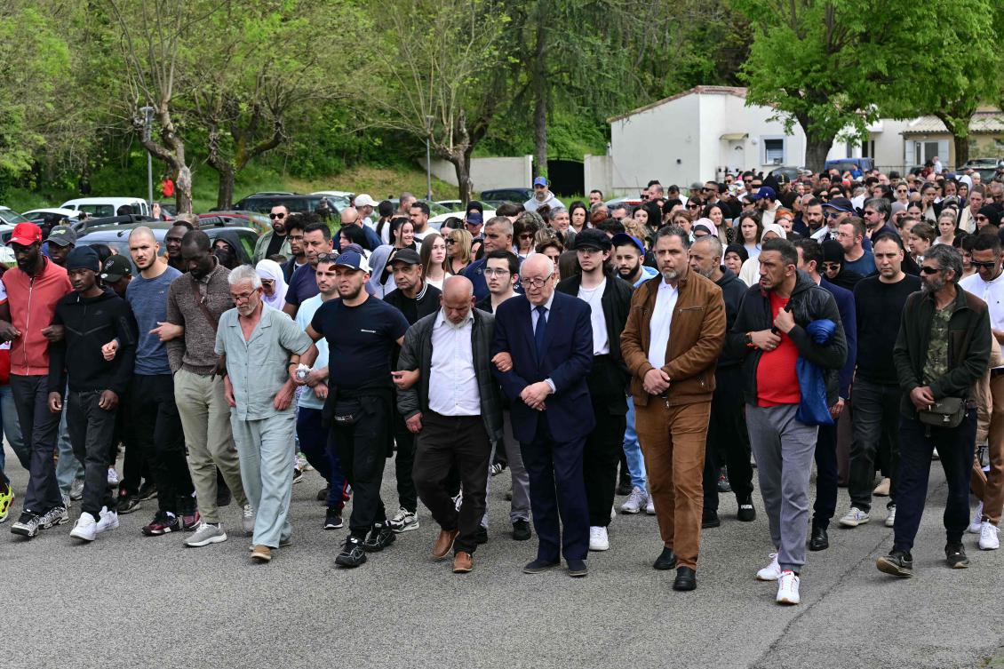 People march in La Grand-Combe, southern France, on April 27, 2025, to pay tribute to Aboubakar, a worshipper killed by several dozens of stab wounds inside the mosque Khadija in La Grand-Combe on April 25. (AFP)
