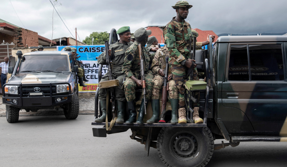Members of the M23 rebel group mount their vehicles after the opening ceremony of Caisse Generale d'epargne du Congo in Goma, North Kivu province in the East of the Democratic Republic of Congo, April 7, 2025. (REUTERS)
