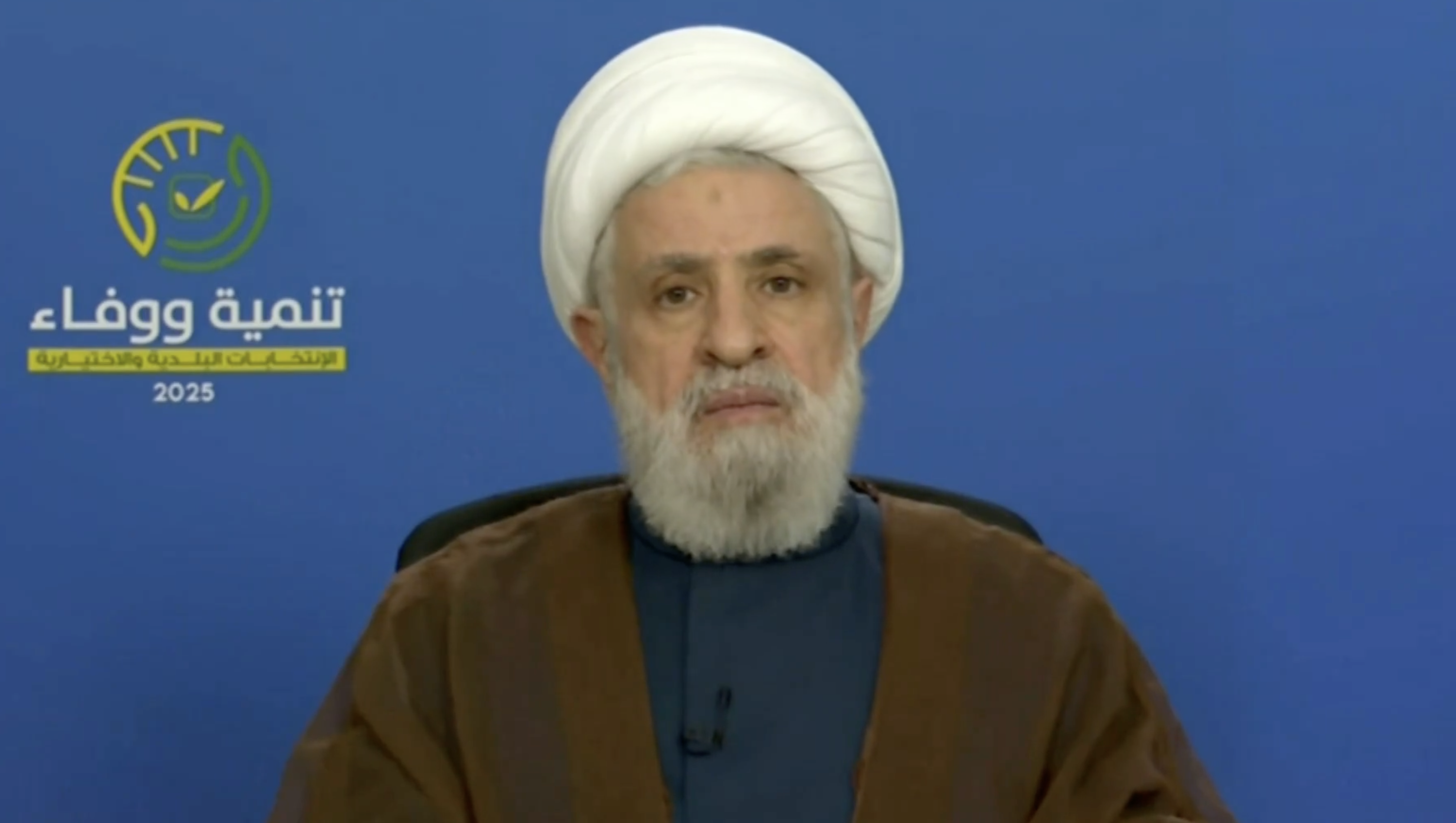 The leader of Lebanon’s Hezbollah group, Naim Kassem, talks during a televised speech on Monday. (Screengrab)