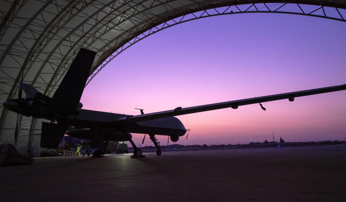 This US Air Force file photo obtained January 5, 2020, shows a US Air Force MQ-9 Reaper remotely piloted aircraft as it awaits an engine test prior to Intelligence, Surveillance, and Reconnaissance operations at Ali Al Salem Air Base, in Kuwait. (AFP)