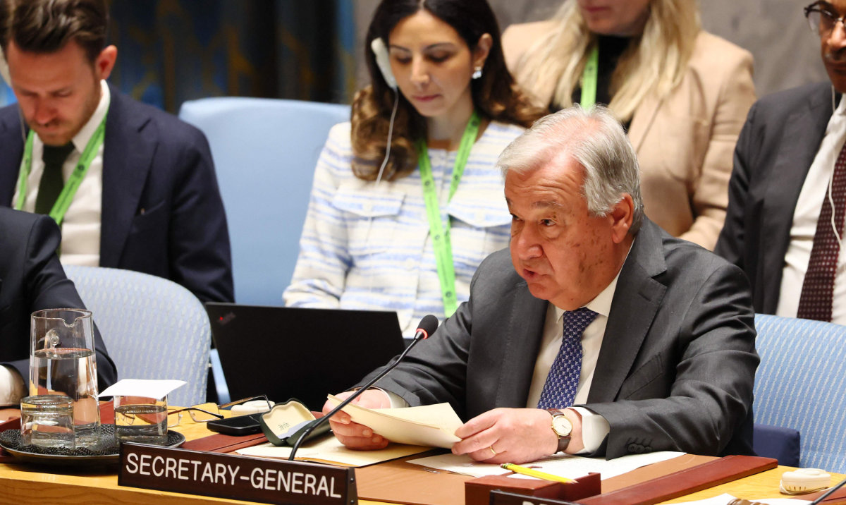 António Guterres, UN Secretary-General, speaks during a United Nations Security Council meeting on the conflict in the Middle East, including the Palestinian question at the United Nations headquarters on April 29, 2025 in New York City. (AFP)