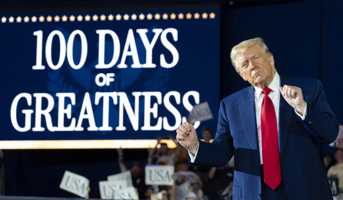 President Donald Trump arrives to speak on his first 100 days at Macomb County Community College Sports Expo Center, Tuesday, April 29, 2025, in Warren, Mich. (AP)