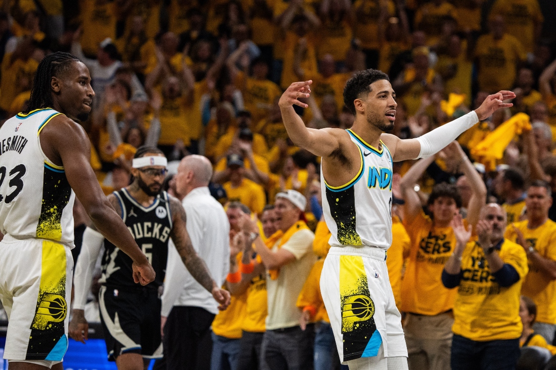 Indiana Pacers guard Tyrese Haliburton celebrates a made basket during Game 5 of the first round for the 2024 NBA Playoffs against the Milwaukee Bucks at Gainbridge Fieldhouse Tuesday. (Trevor Ruszkowski-Imagn Images)