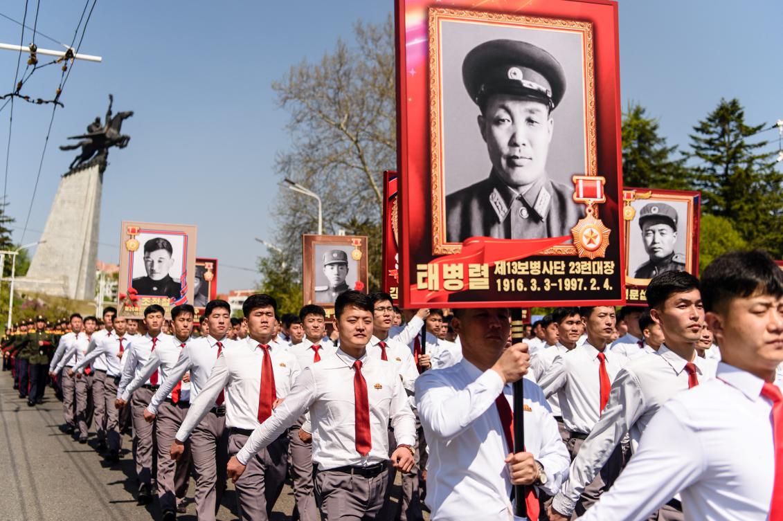 Students participate in a commemorative march near the Chollima Statue in Pyongyang. (File/AFP)